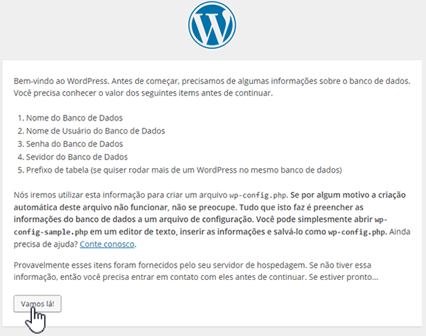 Iniciando o processo para instalar WordPress